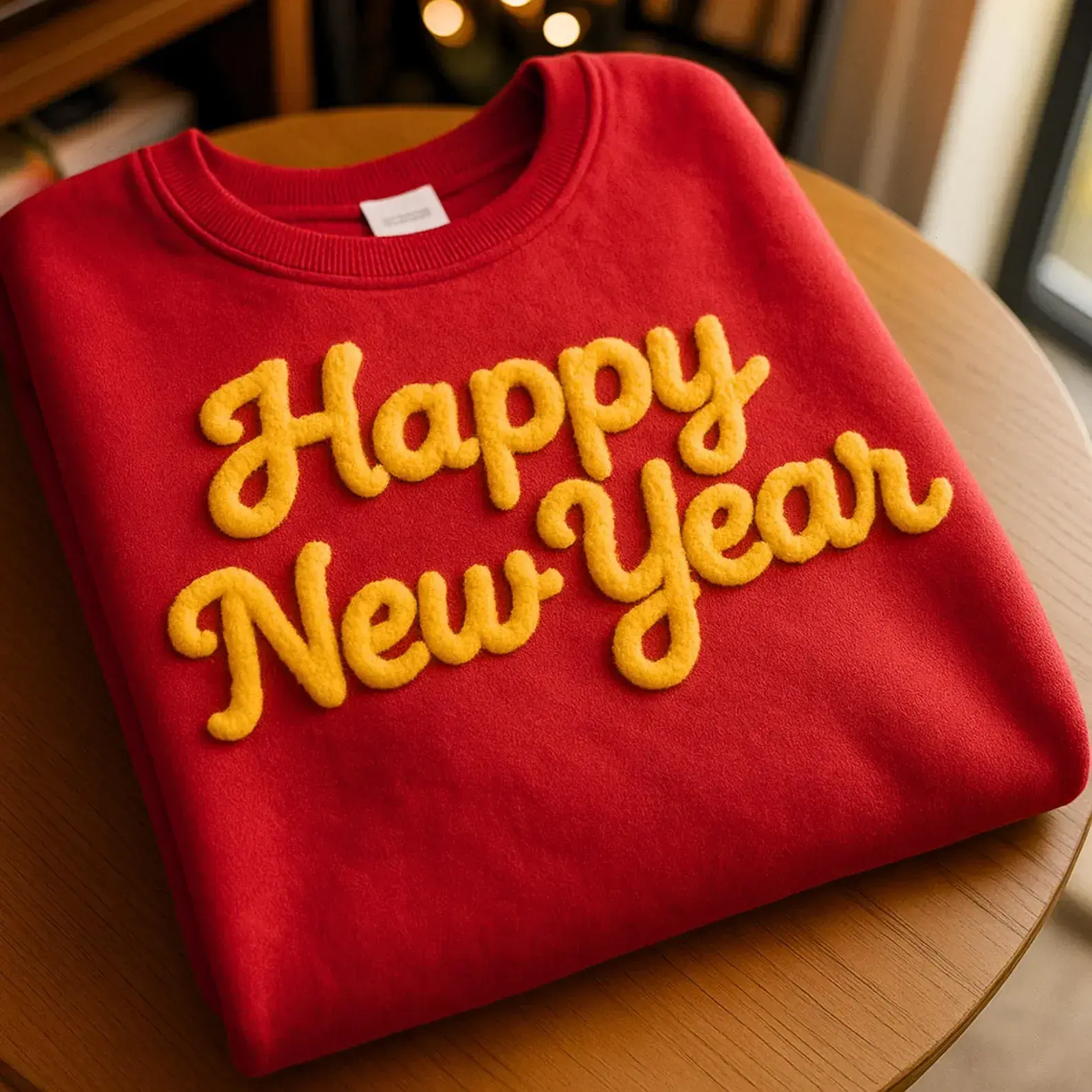 Happy New Year Chenille YARN EMBROIDERED Sweatshirt, New Year Shirt, Christmas Shirt, Christmas Gift, Chenille Patch Sports Team Sweatshirt