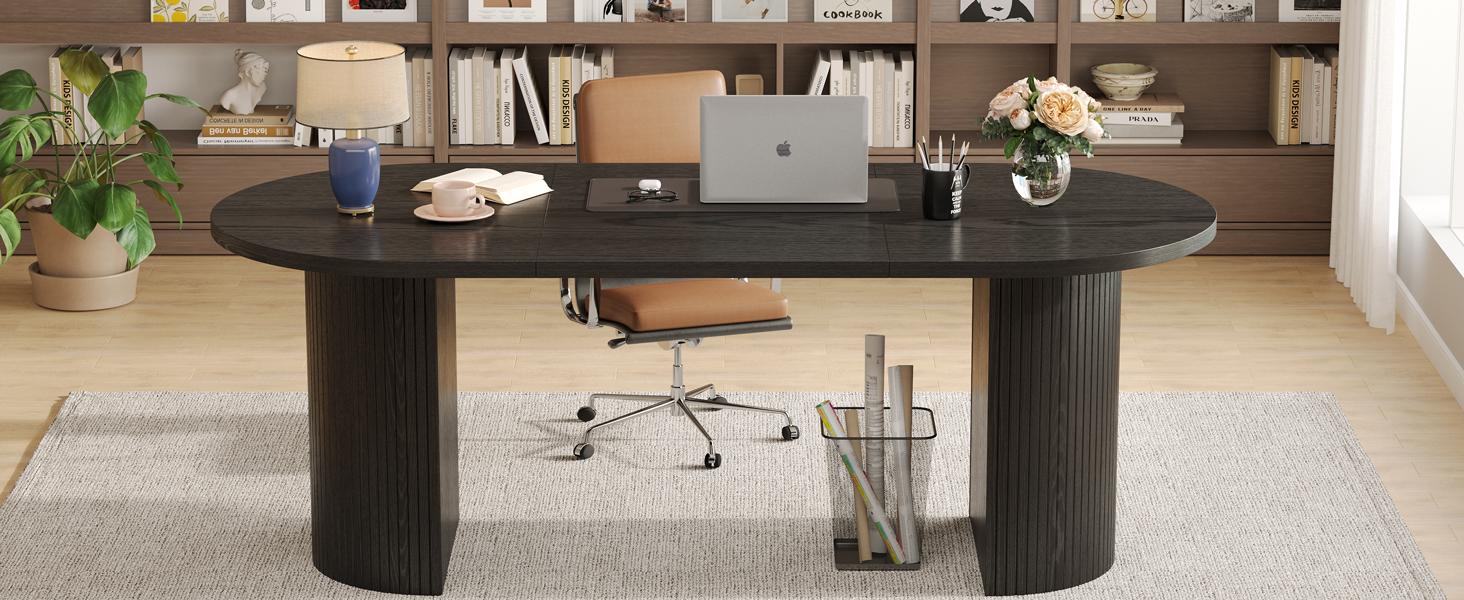 ONBRILL 70.8 Inch Dining Table for 4-6, Oval Dining Room Table with Curved Fluted Wood Strip Base, Mid-Century Modern Kitchen Tables with Footpads, Dinner Tables for Living Room, Dining Room ONBRILL 70.8 Inch Dining Table for 4-6, Oval Dining Room Table with Curved Fluted Wood Strip Base, Mid-Century Modern Kitchen Tables with Footpads, Dinner Tables for Living Room, Dining Room