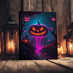 1 Count Wooden Framed Canvas, Halloween Fluorescent Pumpkin Poster, Halloween Decorative Poster, Funny Poster, Horror Poster Party Hanging Picture, Modern Art For Living Room, Bedroom, Family Decoration, Ideal Gift, Waterproof, Print