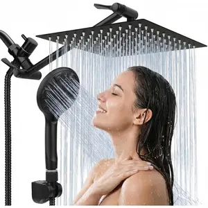 Tudoccy Shower Head, 8‘’ High Pressure Rainfall Shower Head/Handheld Shower Combo with 11'' Extension Arm, 9 Settings Anti-leak Shower Head with Holder, Height/Angle Adjustable, Matte Black