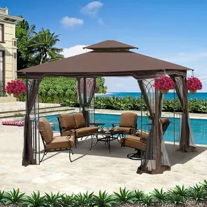 ARCH SAME AS W41940786 --10x10 Outdoor Patio Gazebo Canopy Tent With Ventilated Double Roof And Mosquito net(Detachable Mesh Screen On All Sides),Suitable for Lawn, Garden, Backyard and Deck,Brown Top