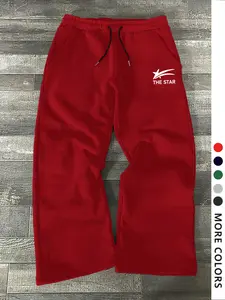 Men's Casual Sporty Long Pants, Letter & Star Print Drawstring Wide Leg Joggers, Loose Fit All Season Men's Clothing, Wide Leg Sweatpants