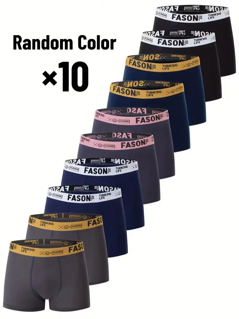 Men's Mid-Waist Multicolor Boxers - 10pcs Menswear, Breathable Elastic Overall Casual Sports Underwear Shorts
