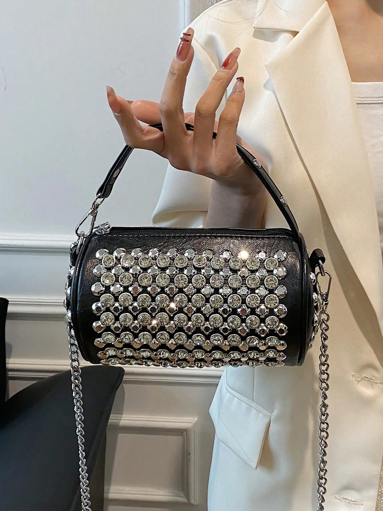 Y2K Style Rhinestone Mini Cylinder Bag, Sparkling Crystal Barrel Purse,Women Sparkly Rhinestone Cylinder Handbag, Trendy Crystal‑Embellished Mini Cylinder Purse, PU Leather Small Barrel Bag, Detachable Chain Shoulder & Crossbody Bag