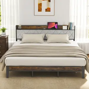Bed Frame with Headboard, Platform Storage Bed with USB Charging Station, No Tool Assembly, Squeak-Free Strong Metal Frame, No Box Spring Needed