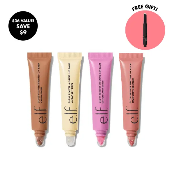 e.l.f. Glow Reviver Melting Lip Balm 4-Pack - Island Colada, Cotton Candy Crush, Vanilla Toffee, Yummy Gummy - Smooth Application, Buildable Color, Hydrating Butters