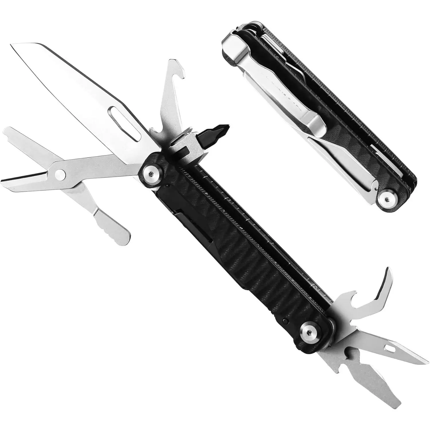 Mossy Oak 12-in-1 Stainless Steel Multitool Knife with G10 Handle, EDC Pocket Tool Including Scissors, Bottle Opener, Screwdrivers for Camping, Outdoor Use (Party Bag Gift Option for Home Supplies), Stainless Steel Tool