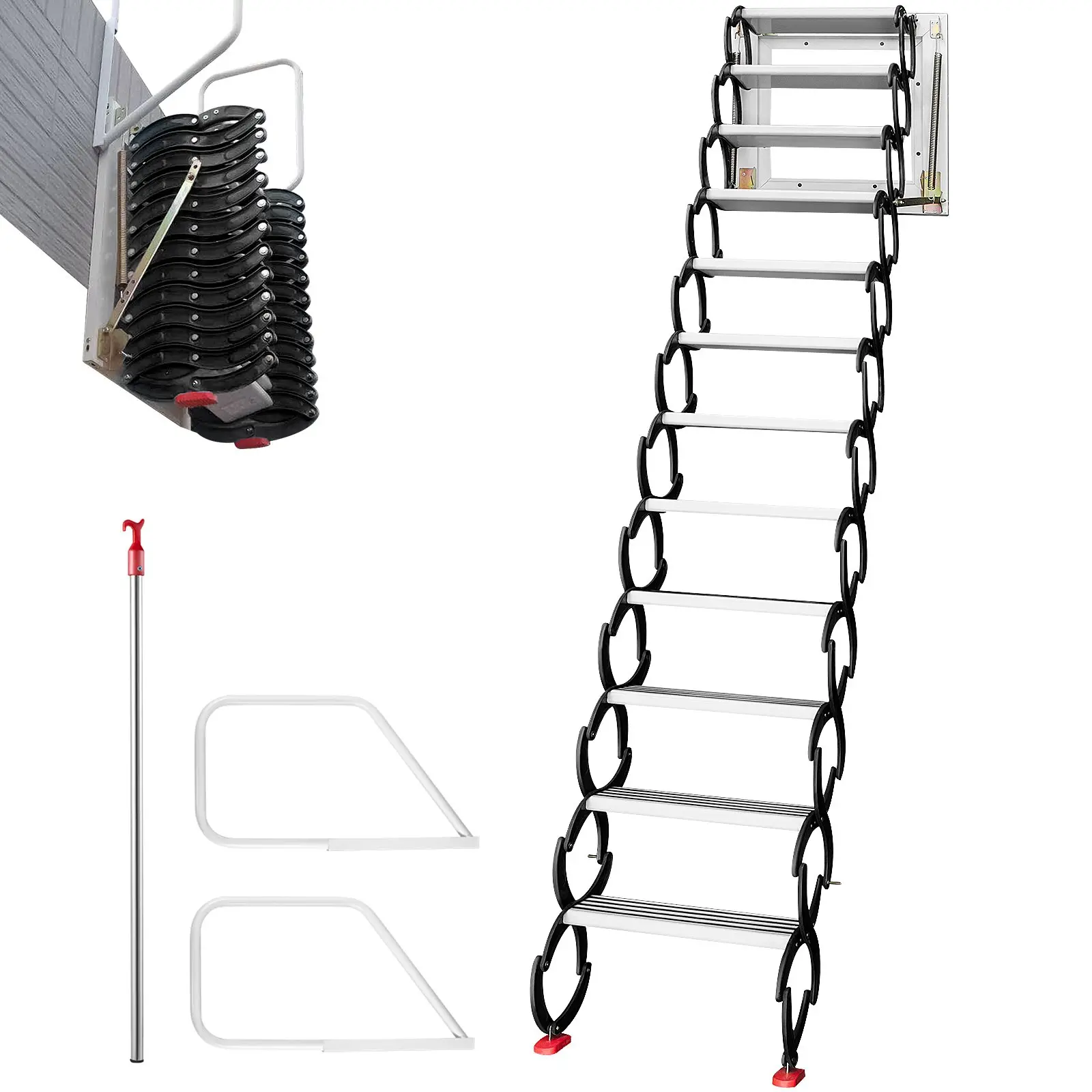 【DealsForYouDays】VEVOR Attic Steps Pull Down 12 Steps Attic Stairs Alloy Attic Access Ladder, Black Pulldown Attic Stairs, Wall-mounted Folding Stairs for Attic, Retractable Attic Ladder with Armrests, 9.8 feet Heigh