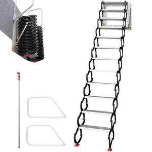 fathersdaygift VEVOR Attic Steps Pull Down 12 Steps Attic Stairs Alloy Attic Access Ladder, Black Pulldown Attic Stairs, Wall-mounted Folding Stairs for Attic, Retractable Attic Ladder with Armrests, 9.8 feet Height