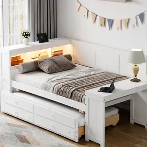 ARCH Full Size Daybed with Storage Shelves Drawers Trundle Charging Station LED Lights Desk Cabinet Solid Wood MDF White Bed Frame for Guest Room Kids Bedroom Home Furniture, White Color Options, Solid Wood+MDF Material, Color: White
