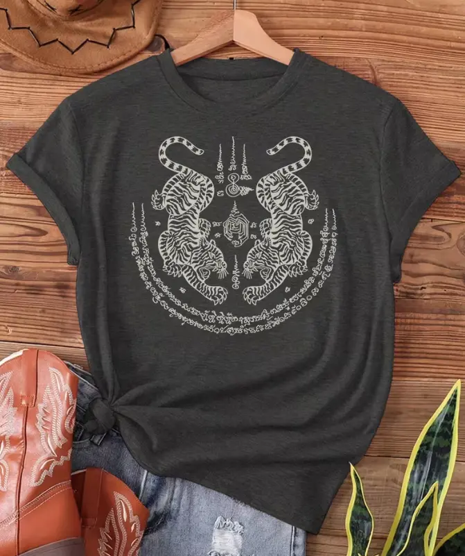 Tiger-Striped Sashimi - Sak Yant Thai Tattoos Featuring Twin Tigers, Muay Thai Magic, a Thai Gift, Printed T-Shirt, Short-Sleeve Crew Neck Casual Top for