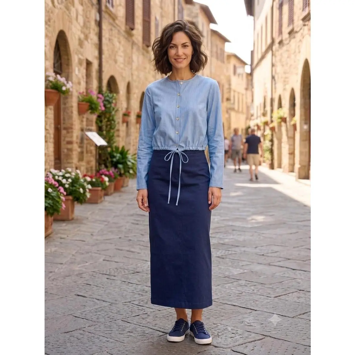 Cropped Collarless Blue Denim Tie-Waist Jacket
