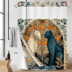 1pc Hookless Shower Curtain with Buckled Liner, Retro Style Double Leopard & Orange Tree 2D Flat Printing, Fabric Waterproof Liner, Double-Layer Shower Curtain with See-Through Window, 71 x 74 Inches, Modern Home Curtain Decoration, Bathroom Curtain