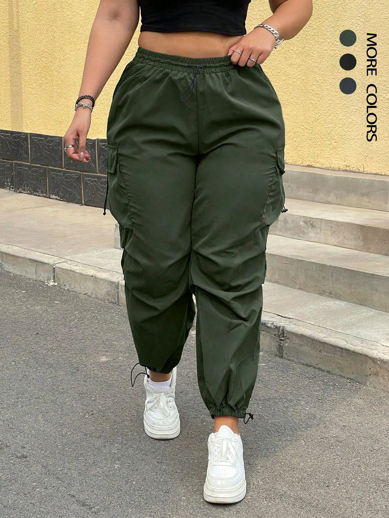 Women's Solid Drawstring Waist Cargo Pants, High Waist Comfy, Casual High Waisted, Casual Comfy Pocket, Casual Pocket Trousers for Daily Wear, Ladies Bottoms for Fall & Winter, Casual Streetwear Pants