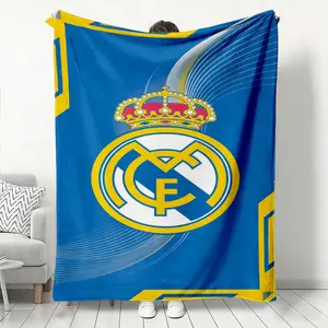 Flannel Blanket with Real Madrid Club Badge Pattern, Spanish Football Club Logo, in Blue Yellow White Red Contrast Colors, Soft Skin-Friendly Warm Blanket, Suitable for Bedroom Living Room Sofa Na