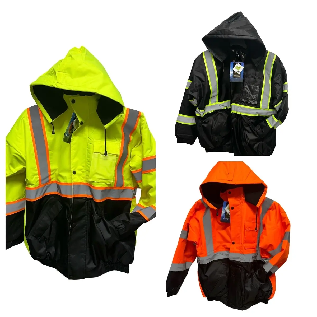 Safeguard Menswear Men's Winter Plain Reflective Tape Hooded Bomber Hoodie - Fleece-Lined, Waterproof, Zippered Safety Coat with Heavy Duty Work Gloves
