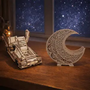 DIY Wooden Sports Car & Moon Ornament 3D Puzzle Kit, Mechanical Car with Moving Parts & Intricate Moon Shelf, Natural Wood Material, Brain Teaser & Room Decor, Suitable for Adults & Teens, Hobby Projects & Desk Ornament
