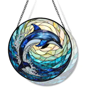 Stained Glass Suncather for Window Hanging with Ocean Wave, 6.3'' Blue Dolphin Ornament Gift for Women, Ocean-Themed Home Decor Gift for Beach & Sea Lovers