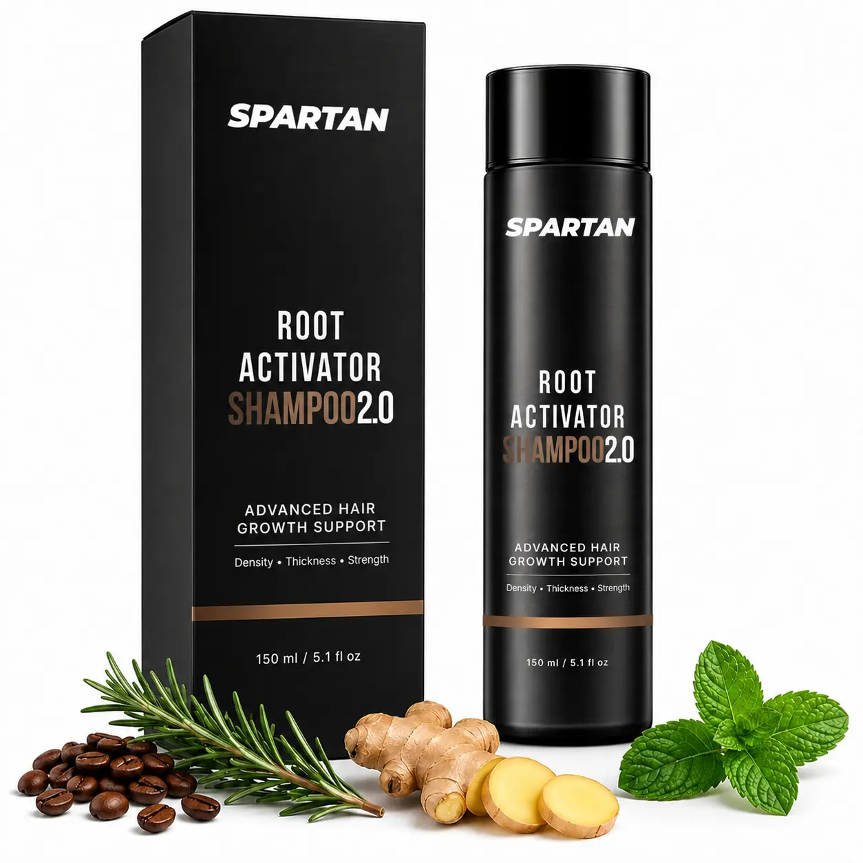 Hair Growth Shampoo for Men - Thinning Hair & Hair Loss Shampoo with Ginseng, Peppermint & Menthol, Natural Scalp Root Activator for Thicker Fuller Hair, 144g | SPARTAN
