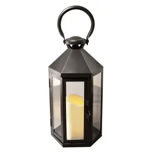LumaBase Metal Lantern with Battery-Operated Candle - Black Hexagon