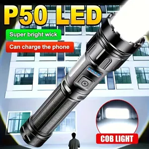 Super Bright Rechargeable High-Power LED Flashlight - Zoomable Flashlight With Long-Range Beam And COB Light - 7 Modes, - Ideal For Outdoor Running, Hunting, Hiking, Traveling, Camping