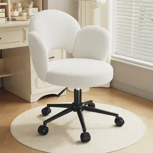 Raybee Teddy Fleece Vanity Chair with Petal Backrest and Armrests, Home Office Chair with Adjustable Swivel Wheels, Ergonomic Chairs for Living Room, Bedroom, Study, Paw-like Cute Flower Girls Desk Chairs