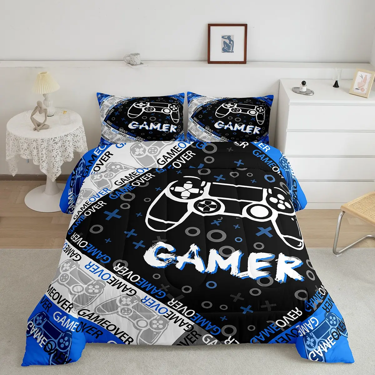 Feelyou Gamer Gaming Duvet Set - Breathable Microfiber Luxury Bedding, Stylish Geometric Design, Blue Black Grey Quilt & Decorative Duvet Cover for Modern Bedroom
