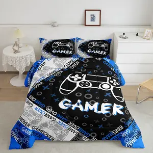 Video Games Gamer Bed Comforter Set,Blue and Black Grey Gaming Luxury Bedding Set,Video Game Duvet Comforter,Stylish Geometric Design Quilt Set