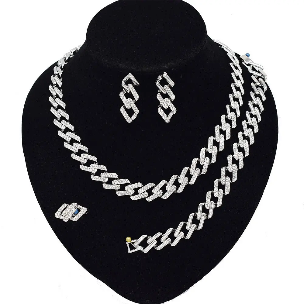 Trendy Jewelry Set - HUGS & KISSES Casual Silver-Colored, Gold-Plated Cuban Chain Earrings with Pendant Necklace #151