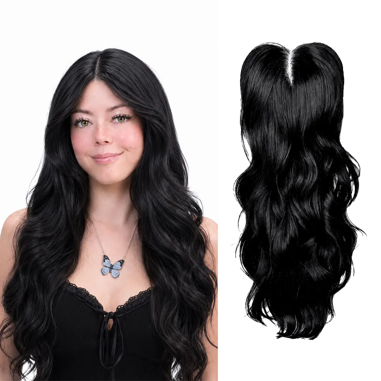 Full Coverage Black 24 inch Hand Tied Hair Topper Cap-Free Wig No Glue or Wig Cap Needed Natural Hairline Blends Seamlessly with Your Hair Instant Volume&Length No Excess Lace, No Glue, No Hassle More Coverage Than a Topper, Easier Than a Wig