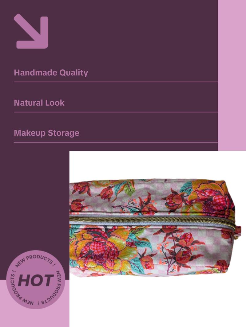 Pink Peony Anything Bag - Floral and leaf pattern with large peony motif on pink checkered background and gold colored hardware