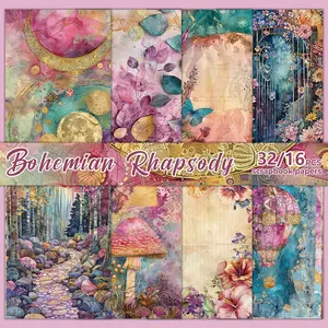 16/32 Sheets Aesthetics Bohemia Scrapbook Papers for Junk Journal Card Making Craft Paper Vintage Material Paper Fancy Flower Scrapbooking Supplies Scrapbook Materials