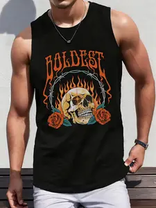 Men's Sleeveless Tank Top, BOLDEST Skull Graphic with Rose & Barbed Wire Design, Muscle Fit, Streetwear, Casual Wear, Gym Workout Apparel, Hip Hop Style, Fashionable Tank Tops for Men