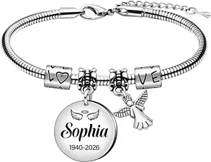 Personalized Angel Memory Bracelets for Loss Loved One with Name Dates,Custom Memorial Bracelet for Women,Remembrance Sympathy Gifts,Adjustable Bracelet Keepsake Charm