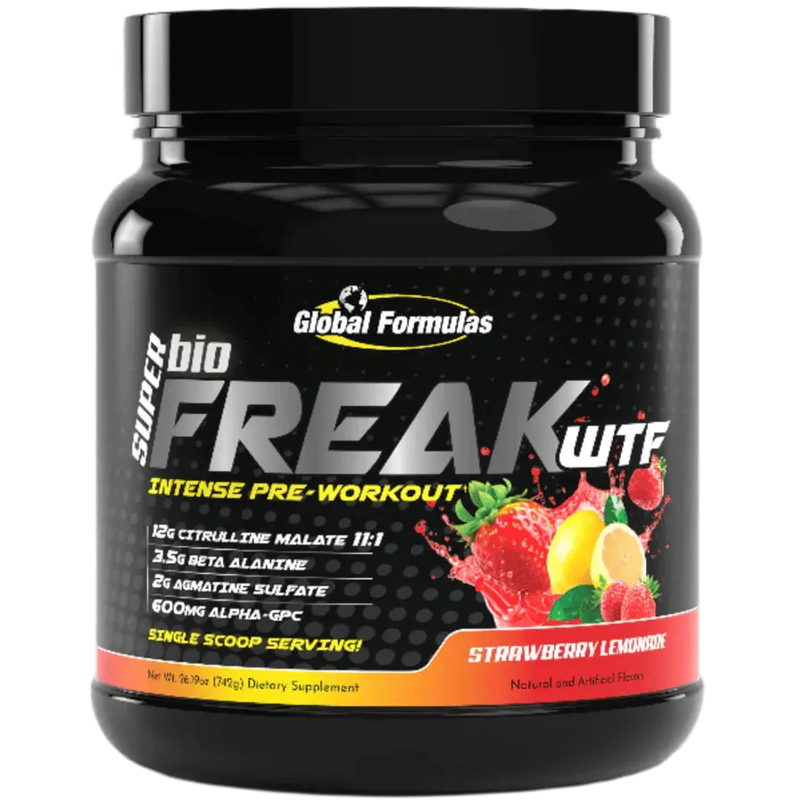 Global Formulas SUPER bioFREAK WTF Pre Workout -25 Servings Glycerol Free for Hardcore Lifting & Endurance Support Protein Nutrition Supplement Protein Natural Blend