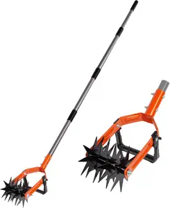 Rotary Cultivator Garden Tool, Adjustable Long Handle Hand Tiller with Star-Shaped Rolling Tines, 2-in-1 Weeder & Soil Aerator for Lawn Care, Reseeding Grass, Soil Mixing, Manual Yard Tiller