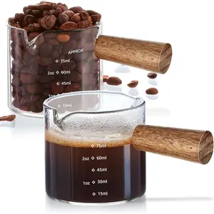 Espresso Shot Glass With Wooden Handle, 2 Packs V-Shaped Double Spout Espresso Measuring Cup, Espresso Machine Accessories,Coffee Bar Essentials,Precise 75 Ml Coffee Measuring Cup