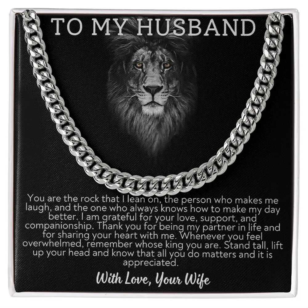 To My Husband Cuban Link Chain Necklace From Wife, Romantic Message Card Jewelry Gift for Husband, Wedding Anniversary Birthday Valentine's Day Gifts for Him, Luxury LED Gift Box