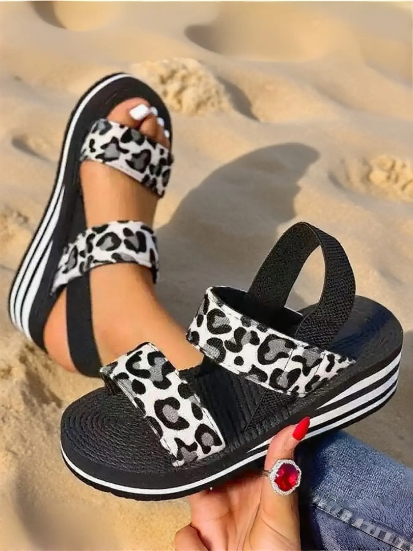 Women's Fashion Linen Weave Eco-Friendly Thick Wedge Sandals, Striped and Linen Design, Elastic Textile, Waterproof, Casual, Commute, Vacation, Summer