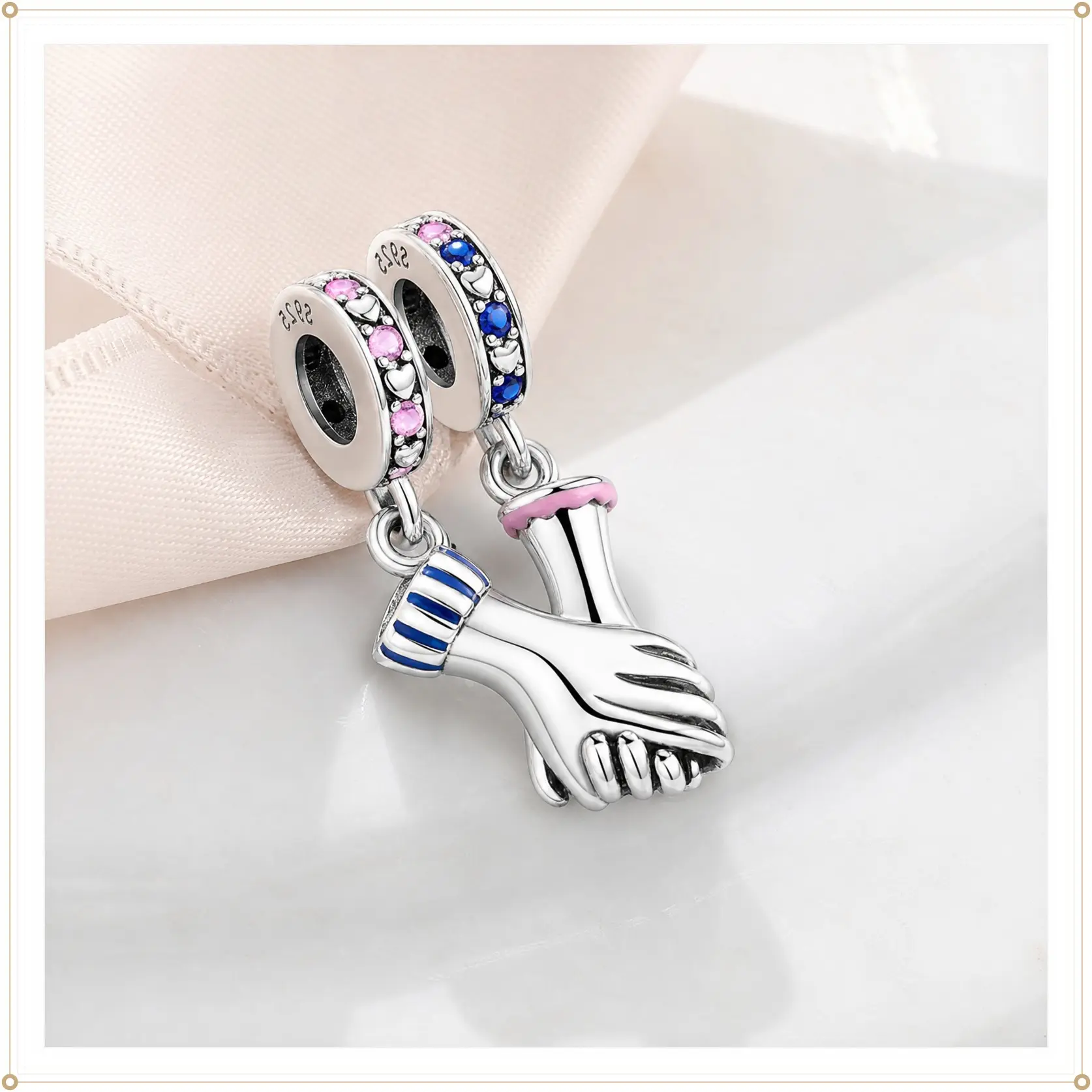 MULA 925 Sterling Silver Holding Hands Unity Charm Pendant for Women, Casual Jewelry with Pink & Blue Zirconia, Pandora Compatible Anniversary Gift, Female, Valentines Day