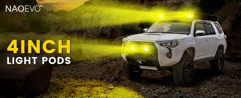 NAOEVO 4 Inch LED Pod Lights, Spot Flood Amber Lights with 2 Leads Wiring Harness, Cube Pods for Truck, Boat, ATV, UTV, 2 Pcs (Yellow)