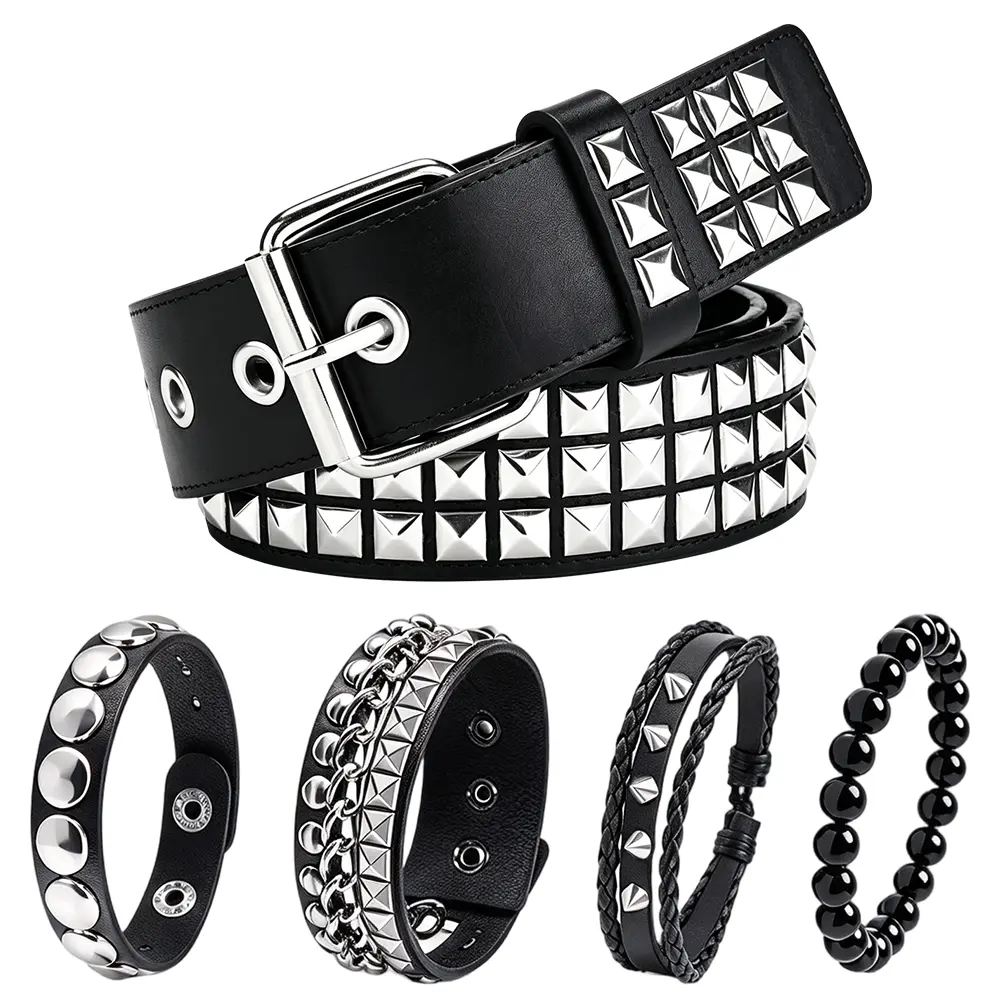 Punk Rock Leather Studded Bracelets/ Belt for Men Women 80s Gothic Spike Cuff Bracelet Set Emo Accessories for Rocker Outfits