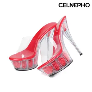 CELNEPHO High Heels for Women Open Peep Toe Stiletto Platform Heels Heeled Sandals Transparent Strap Rose Accents Gifts Easy Slip on for Party Date Club Pole Dance Wedding Stripper Heels
