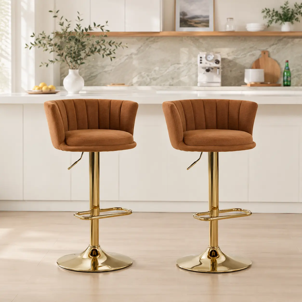 Fahuac 2-Piece Adjustable Barstools Set - Cushioned Fabric Round Seat Armless Swivel Counter Height Chairs with Footrest, Gold Finish Base for Modern Kitchen Island Seating