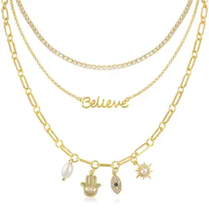 NEKOL Layered Love Believe Smile Summer Choker Necklace for Women, 14K Gold Plated Multi-Layer Paperclip Link Chain, Layering Design Chunky Chain Choker for Anniversary, Valentine's Day, Christmas