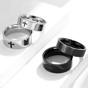 Simple cross jewelry stainless steel ring; Prayer circle black titanium steel cross couple ring set.