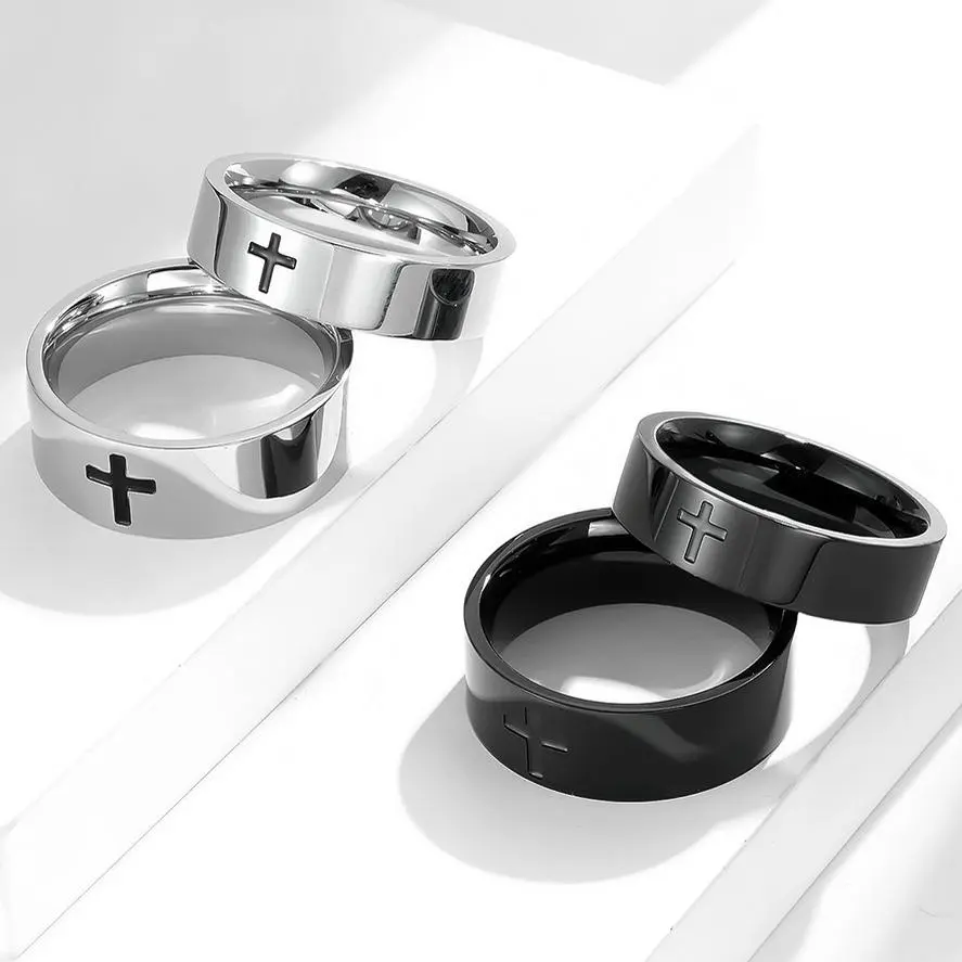 Simple cross jewelry stainless steel ring; Prayer circle black titanium steel cross couple ring set
