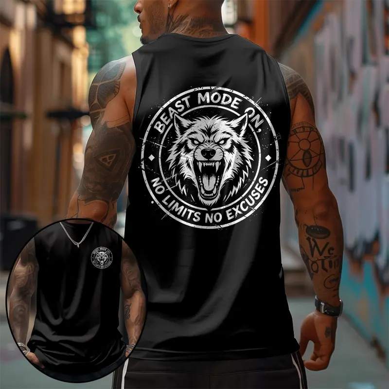 Men's Heat-Ready Soft Cotton Graphic Tank Vest - 90s Wolf Print Design, Classic Straight Hem Sleeveless Streetwear Top for Day Wear, Layering
