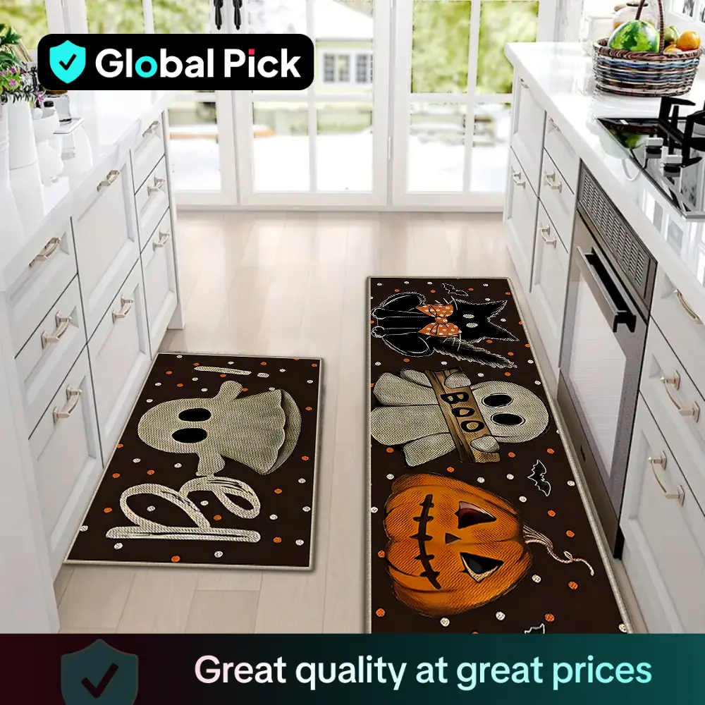 Set of 2 Halloween Fall Thanksgiving Kitchen Mat Rug Low-Profile Kitchen Rugs Pumpkin Bat Skull Farmhouse Party Floor Mat for Home Kitchen Decorations