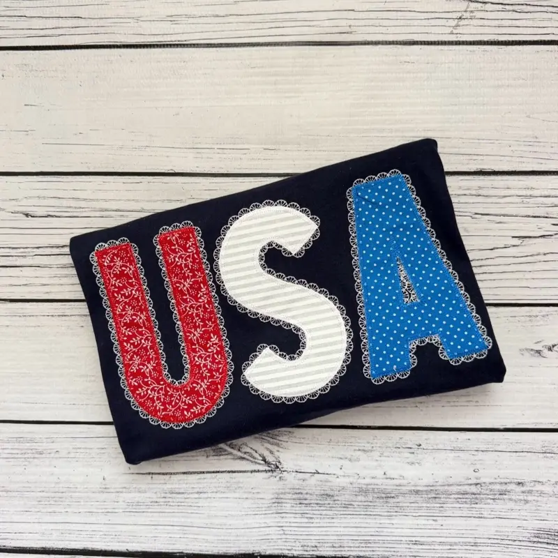 Appliqué Lace USA Patriotic Tee 4th of July Embroidery  USA Shirt